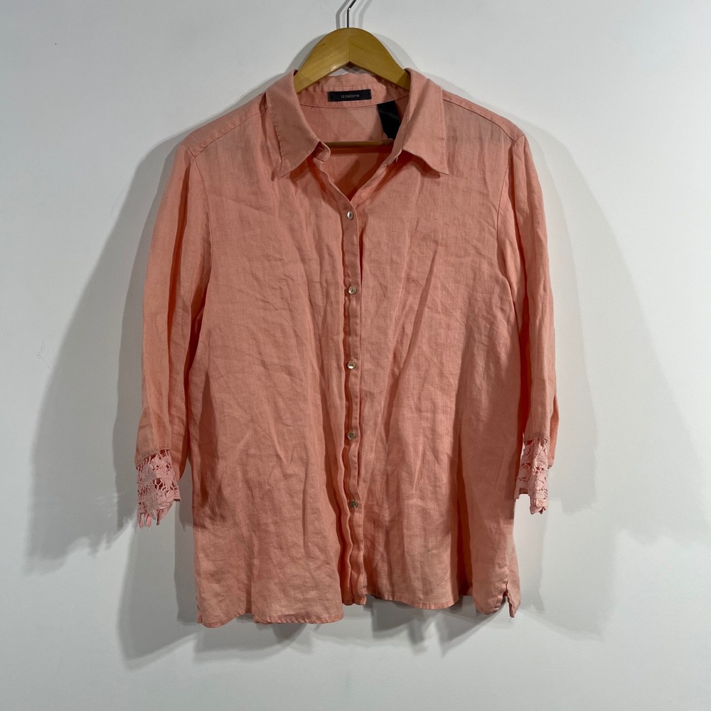 Liz Claiborne Peach Resort 100% Linen Lace Trim Button Up‎ Shirt Womens XL Boho